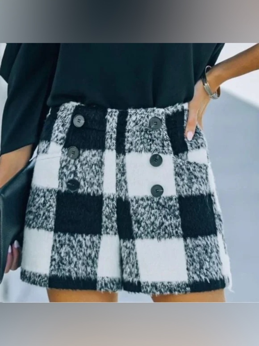 Mustard Seed Black White Gray Buffalo Plaid Wool Blend Shorts Size M